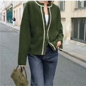 NWT Zara Forest Green Cardigan with Cream Trim